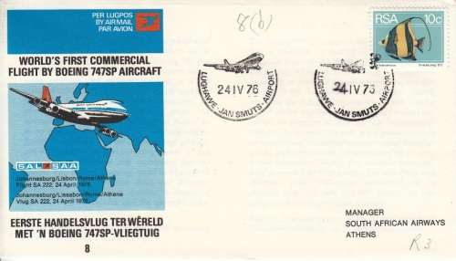 RSA 1976: SAA COVER NO 8d  - WORLD FIRST COMMERCIAL FLIGHT BY BOEING 747SP AIRCRAFT - VARIETY BELOW