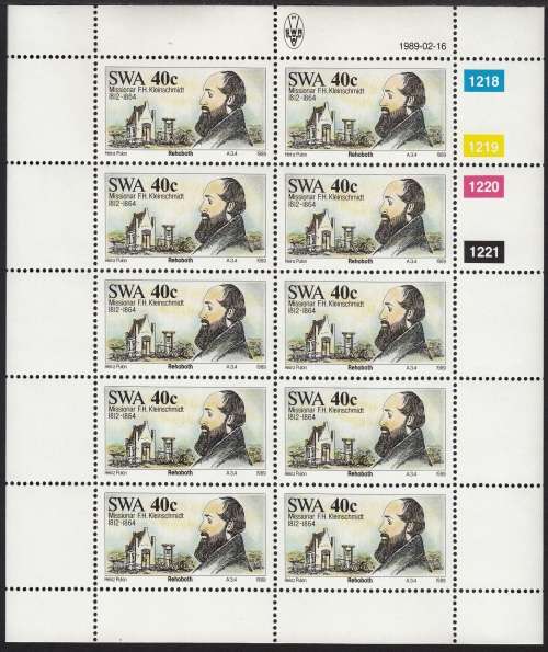 SWA 1989: GERMAN MISSIONARIES FULL SET OF FULL SHEETS OF 10 MNH (SACC 518-521)