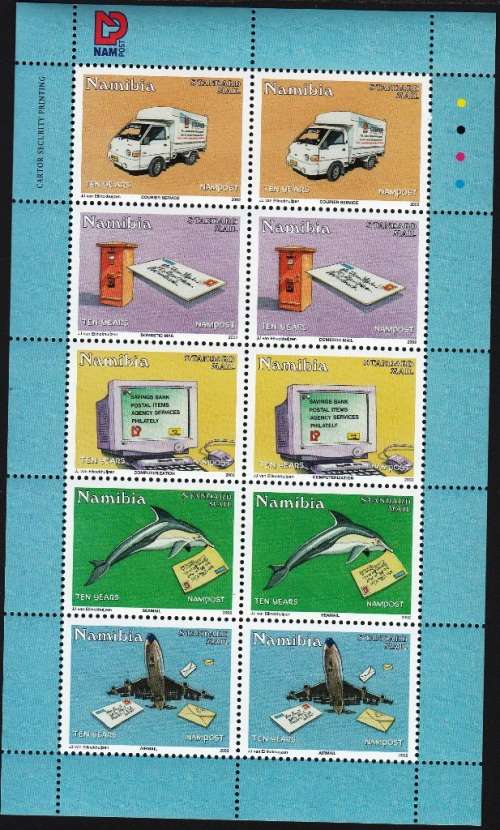 NAMIBIA 2002: 10th ANNIVERSARY OF NAMPOST TWO FULL SHEETS OF 10 MNH (SACC 410-412)