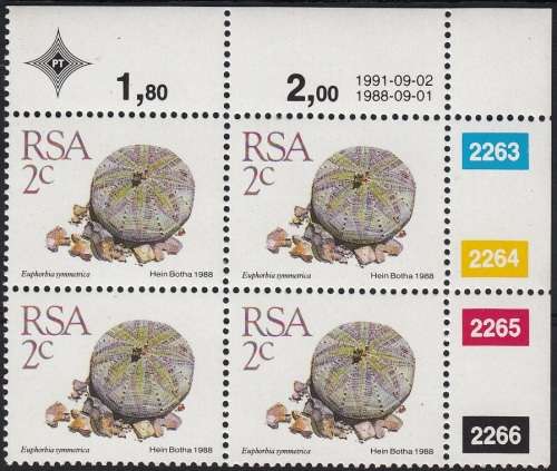 RSA 1991: 5th DEFINITIVE ISSUE 2c CONTROL BLOCK OF 4 (2-9-1991)  MNH (SACC 669)