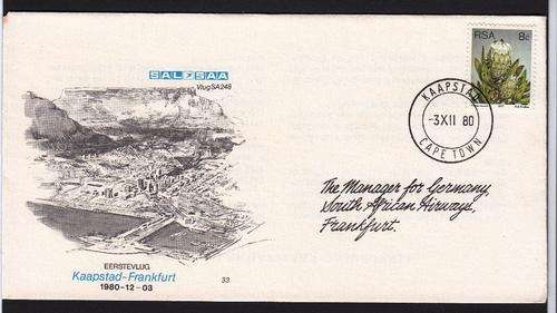 TWO FDC SAA #33,34 1ST FLIGHTS CAPE TOWN - FRANKFURT AND RETURN 1980