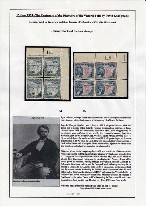 RHODESIA & NYASALAND 1955 CENTENARY OF DISCOVERY OF VICTORIA FALLS CORNER BLOCKS