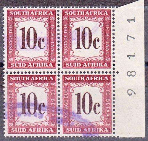 UNION OF SOUTH AFRICA 1961: 10c BLOCK OF 4 POSTAGE DUE STAMPS  USED (SACC49) with SHEET NUMBER IN BL