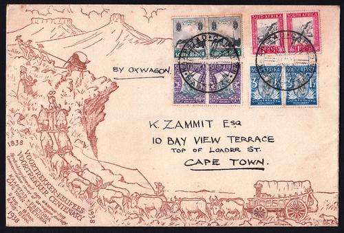 SA OFFICIAL FDC1938: CAPE TOWN CANCEL INSCRIBED "BY OXWAGON"