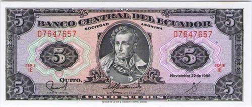 ECUADOR 1988 5 SUCRES UNC BANKNOTE