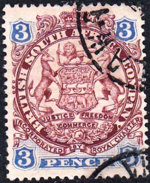 BSAC RHODESIA 1896: DEFINITIVE ISSUE THREE PENCE: DIE I USED (SACC31)