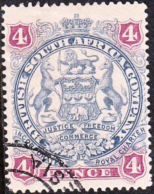 BSAC RHODESIA 1897: ADDITIONAL DEFINITIVE ISSUE FOUR PENCE USED (SACC62)