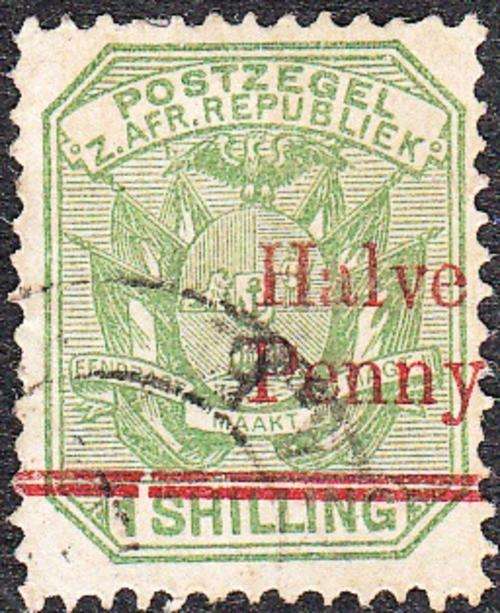 ZAR 2nd REPUBLIC 1895: 1 SHILLING SURCHARGED "HALVE PENNY"  USED (SACC219)