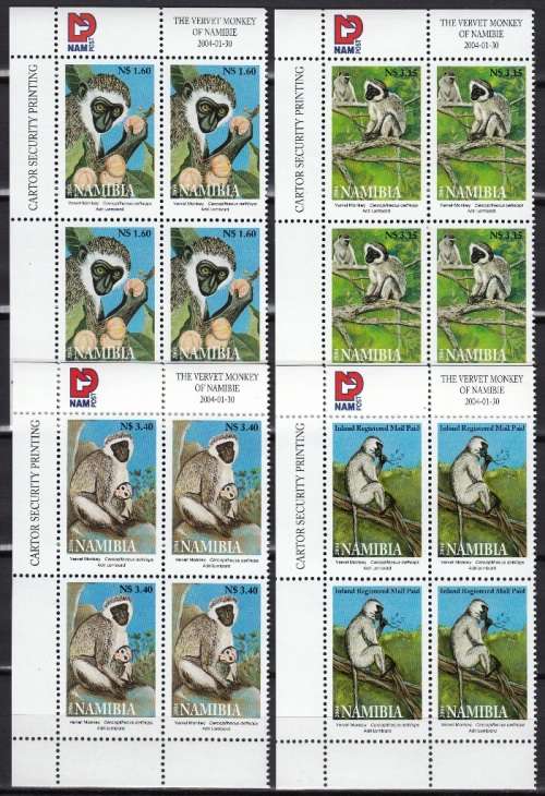 NAMIBIA 2004: VELVET MONKEYS FULL SET CONTROL BLOCKS OF 4 MNH (SACC 437-440)
