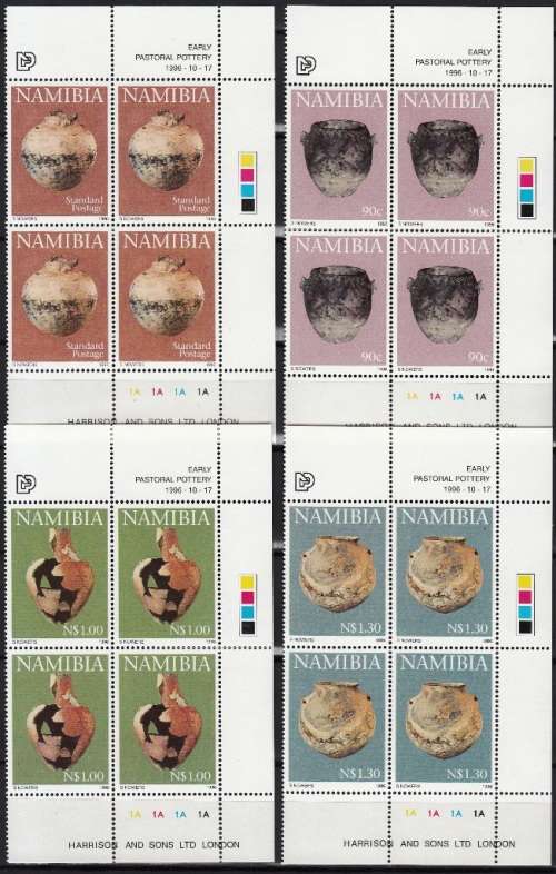 NAMIBIA 1996: EARLY PASTORAL POTTERY FULL SET CONTROL BLOCKS OF 4 CYL 1A  MNH (SACC 161-164)
