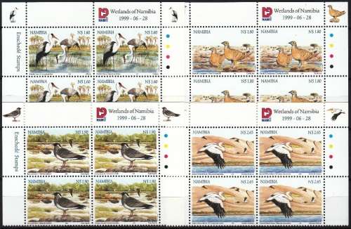 NAMIBIA 1999: WETLANDS OF NAMIBIA FULL SET CONTROL BLOCKS OF 4  MNH (SACC 303-306)