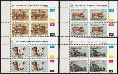 NAMIBIA 1993: SIMMENTALER CATLE FULL SET CONTROL BLOCKS OF 4 MNH (SACC 74-77)