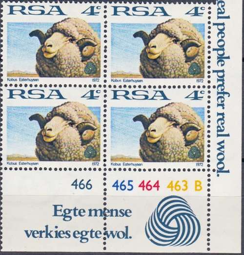 RSA 1972 INTERIM DEFINITIVE 4c CONTROL BLOCKS OF 4 PANE B MNH (SACC 322)