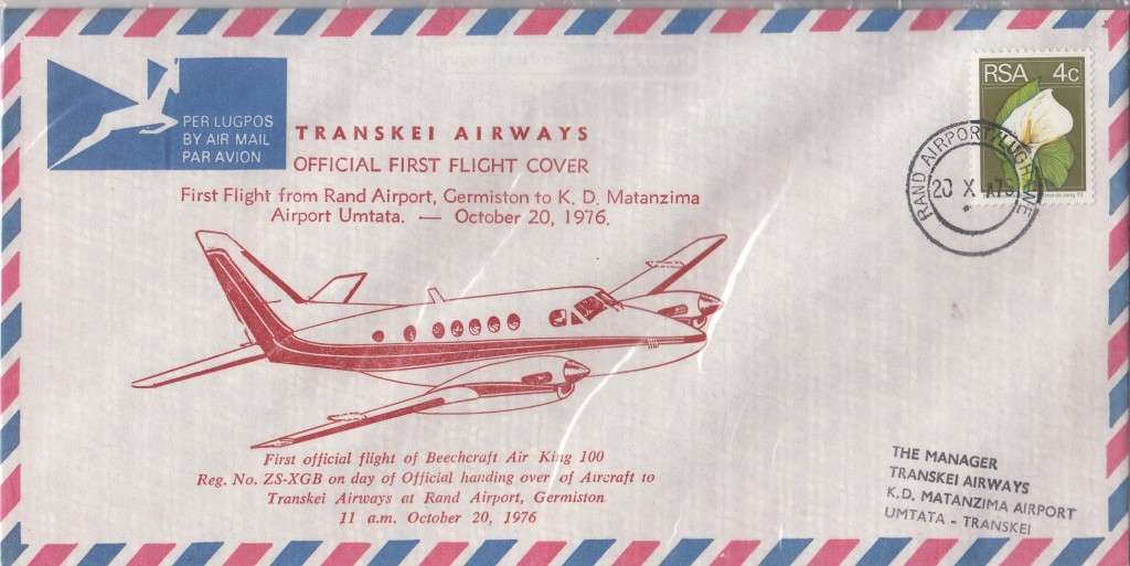 TRANSKEI FFC 1976: 1st FLIGHT FROM RAND AIRPORT TO KD MATANZIMA AIRPORT UMTATA