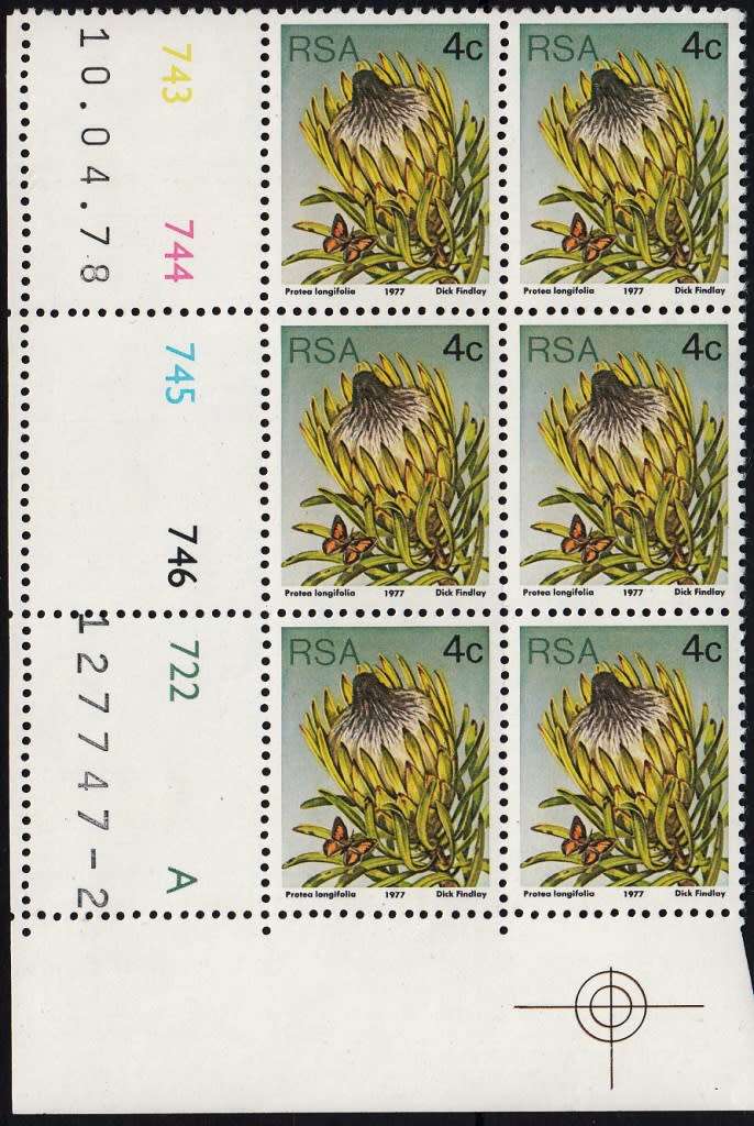 RSA 1978 3rd DEFINITIVE ISSUE 4c MNH CONTROL BLOCKS A +B DATED 10/4/1978 (SACC421)