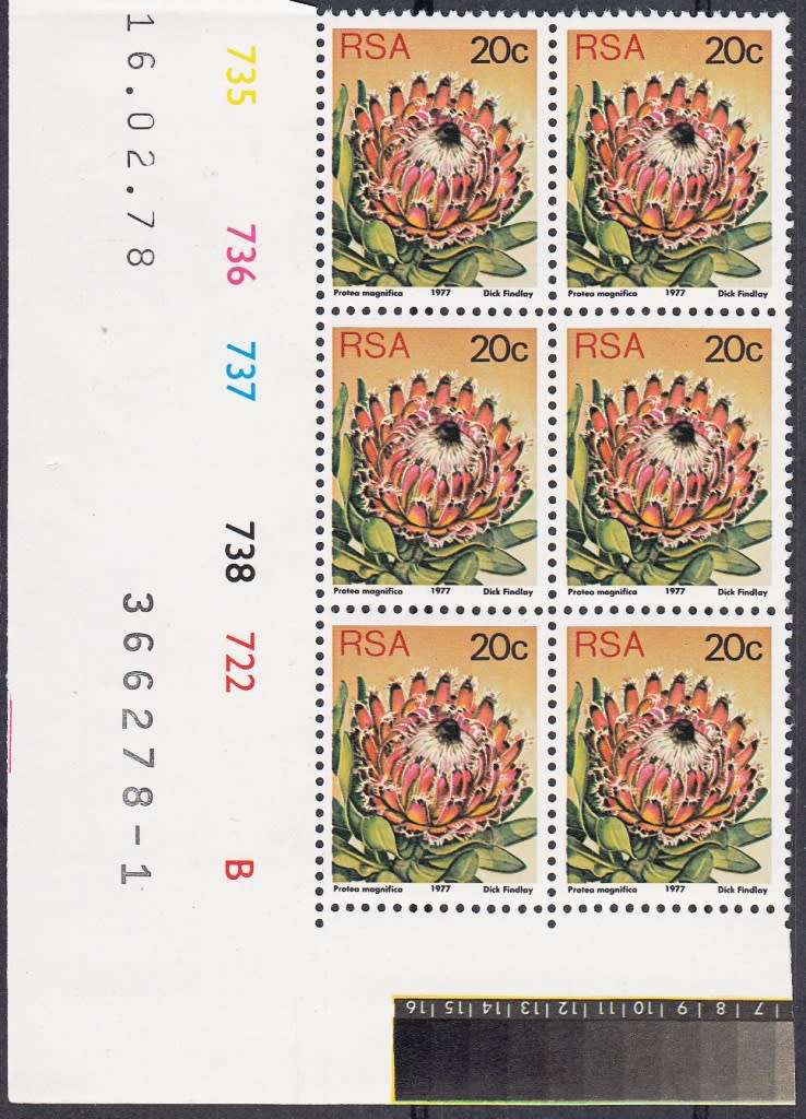 RSA 1978 3rd DEFINITIVE ISSUE 20c MNH CONTROL BLOCKS A +B DATED 16/2/1978 (SACC429)