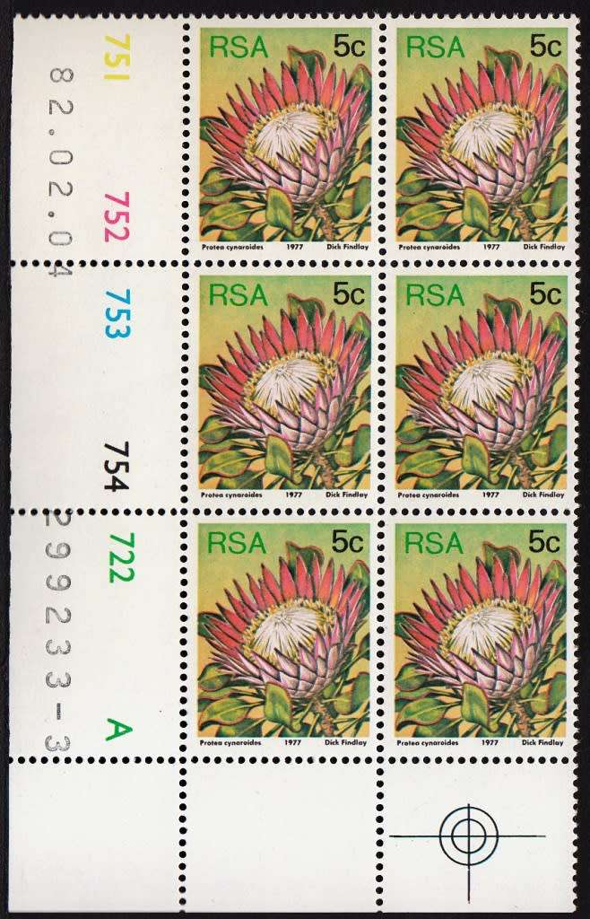 RSA 1982 3rd DEFINITIVE ISSUE 5c MNH CONTROL BLOCKS A + B DATED 4/2/1982 (SACC422a)