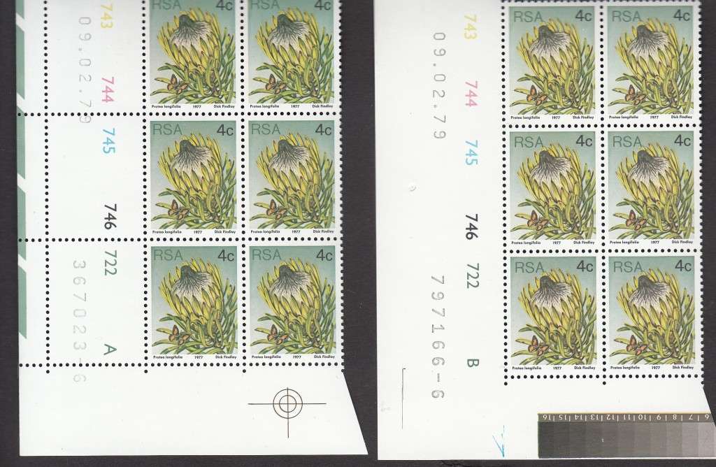 RSA 1979 3rd DEFINITIVE ISSUE 4c MNH CONTROL BLOCKS A + B DATED 9/2/1979 (SACC421)