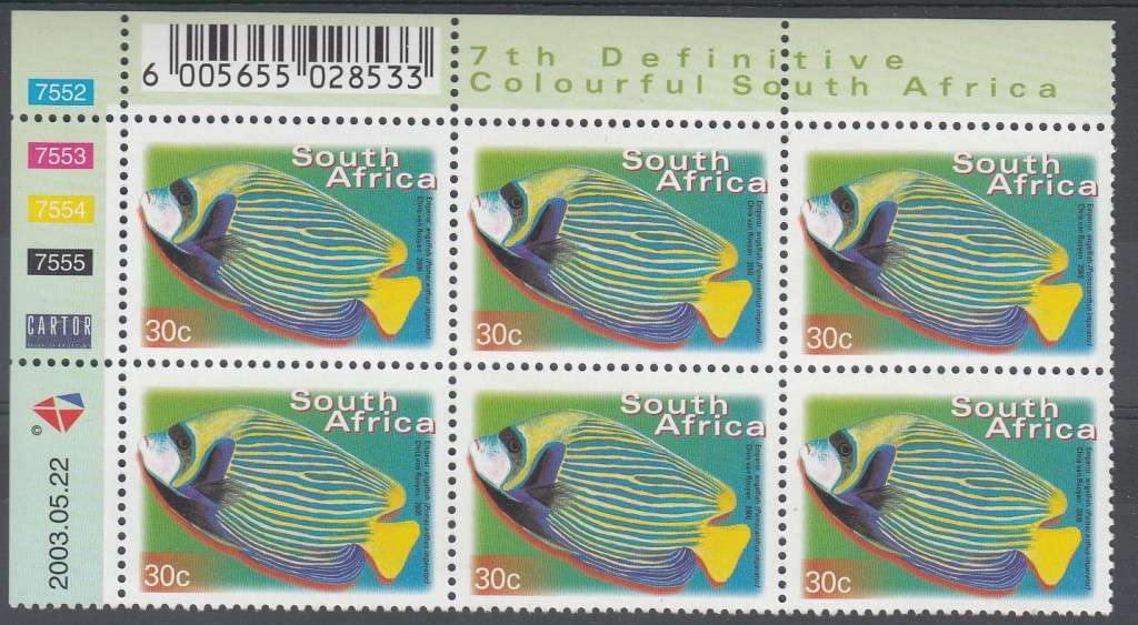 RSA 2003: 7th DEFINITIVE ISSUE 30c CONTROL BLOCK OF 6 DATED 22-5-03 MNH (SACC1296a)