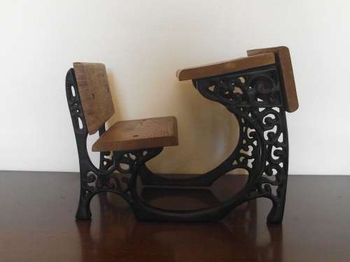 Miniature Wood & Cast Iron Vintage School Desk Inkwell American Doll