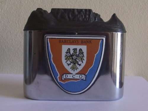 VINTAGE BARCLAYS BANK DCO CHROME TABLE MOUNTAIN MONEY BOX WITH A KEY