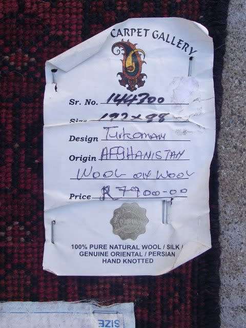 TURKOMAN WOOL ON WOOL HAND WOVEN PERSIAN CARPET FROM AFGHANISTAN, 192 x 88 cm