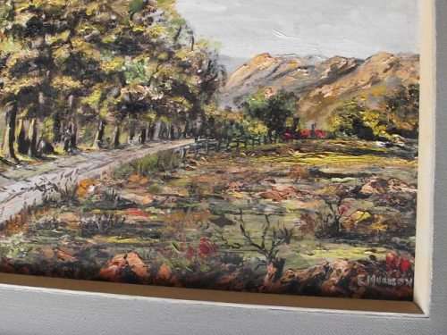INTERESTING LANDSCAPE SCENE OIL ON BOARD SIGNED BY ARTIST, E MURISON DATED "89"