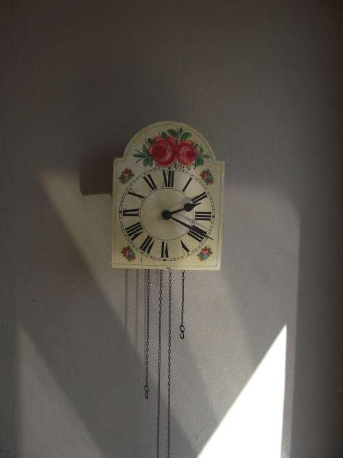 MECHANICAL WALL CLOCK WITH HAND PAINTED FACE FOR SPARES OR REPAIR'S