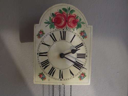 MECHANICAL WALL CLOCK WITH HAND PAINTED FACE FOR SPARES OR REPAIR'S