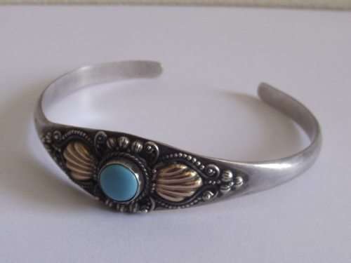 LOVELY STERLING SILVER AND TURQUOISE CUFF BANGLE WITH GOLD ACCENTS