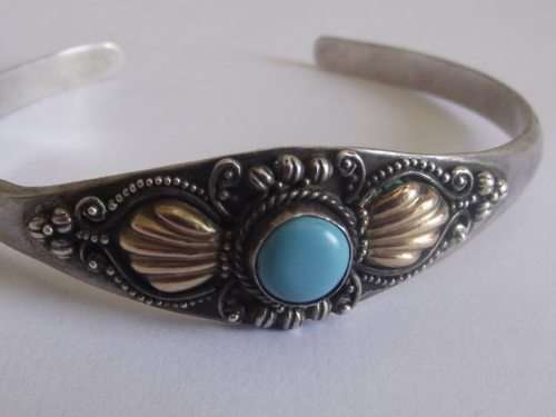 LOVELY STERLING SILVER AND TURQUOISE CUFF BANGLE WITH GOLD ACCENTS
