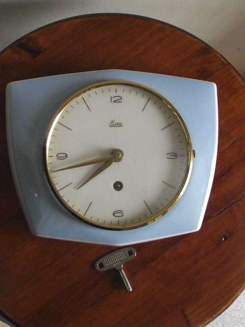 Vintage Powder Blue Porcelain Mechanical  Kitchen Wall Clock