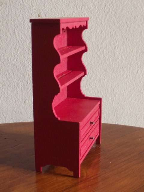 WOODEN RED PAINTED DOLLHOUSE DRESSER