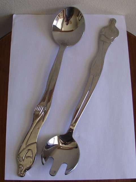 STUNNING CARROL BOYES 18/8 STAINLESS STEEL WOMAN MAN DESIGN SALAD SERVERS