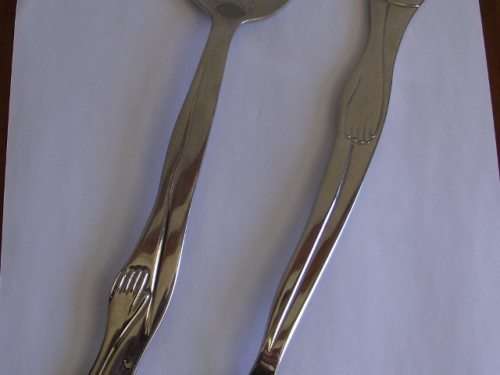 STUNNING CARROL BOYES 18/8 STAINLESS STEEL WOMAN MAN DESIGN SALAD SERVERS