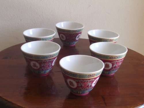 6 X VINTAGE ORIENTAL RED ENAMEL HAND PAINTED CUPS