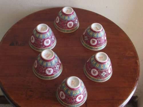 6 X VINTAGE ORIENTAL RED ENAMEL HAND PAINTED CUPS