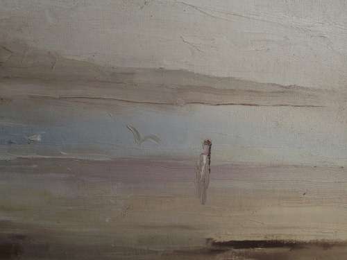 LONELY WOMAN OIL ON BOARD SIGNED