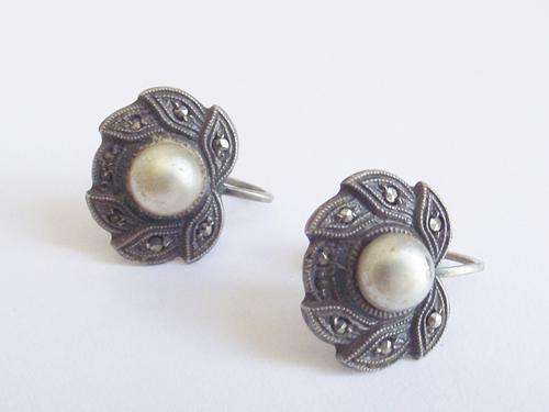 LOVELY STERLING SILVER, MARCASITE AND FAUX PEARL SCREW BACK EARRINGS, MARKED ESKAY