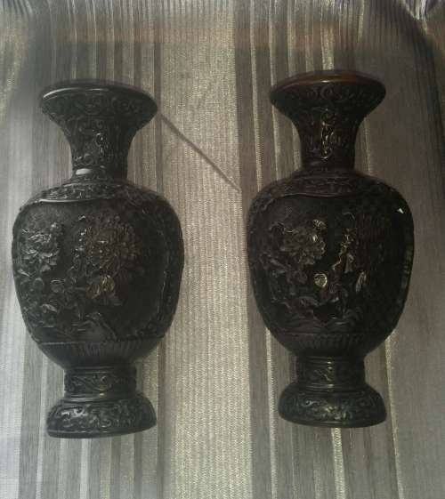 PAIR OF CINNABAR VASES!!! Very Dark Brown, from Thailand!