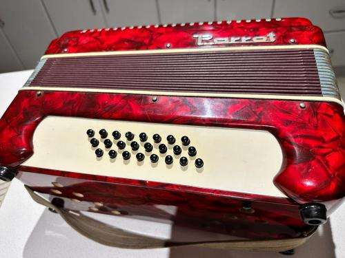 Vintage PARROT Piano Base Accordion (Pearl Red `Marble` Casework) in a Brown Carry Case