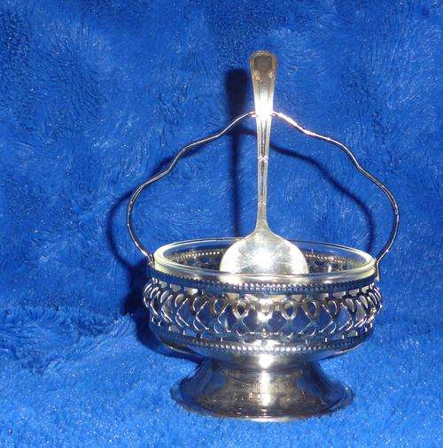 ENGLAND Plated / Glass Jam Dish with E.P.N.S. Spoon