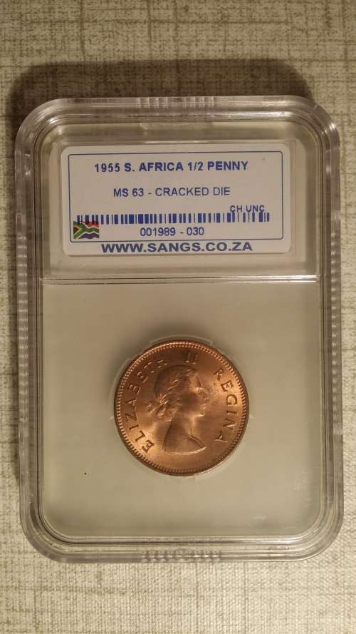 !!!! 1955 1/2 PENNY MS63 CRACKED DIE  GRADED BY SANGS!!!!!