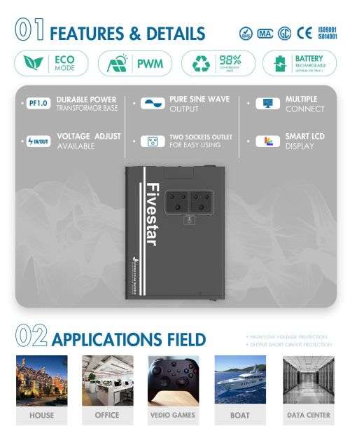 Fivestar (Pure Sine Wave) 1500w 12v Hybrid Ups Inverter w/Solar Charger