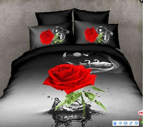 3D Duvet Cover Set Red Rose  Water Drop Print Queen Size
