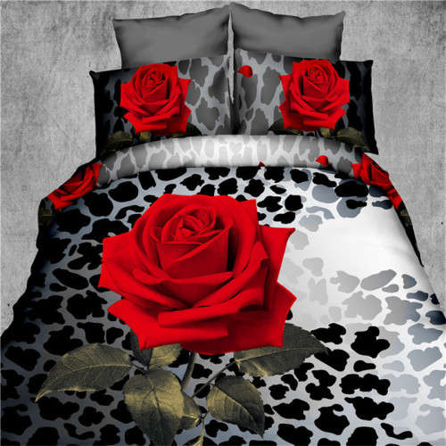 3D Duvet Bedding  Red Rose / Black Leopard Print