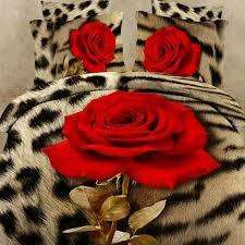 3D Duvet Bedding  Red Rose Beige Leopard Print