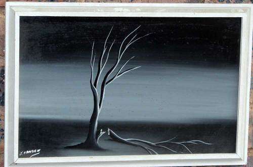 Dramatic small vintage painting signed by the artist J Hansen
