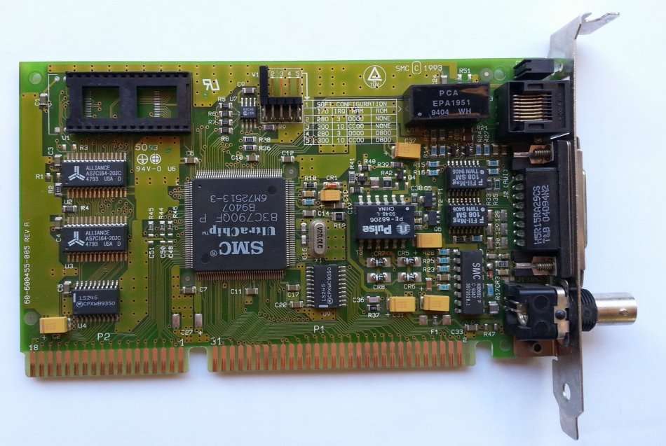 SMC UltraChip 83C79OQF ISA Network Card 10Mbps AUI/RJ45/Coax