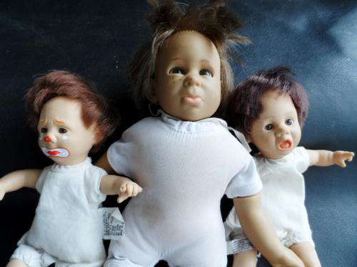 3 X SOFT BODY DOLLS. HARD PLASTIC/RUBBER BODY PARTS. REALISTIC FACIAL FEATURES. SOME SLIGHT DAMAGE.